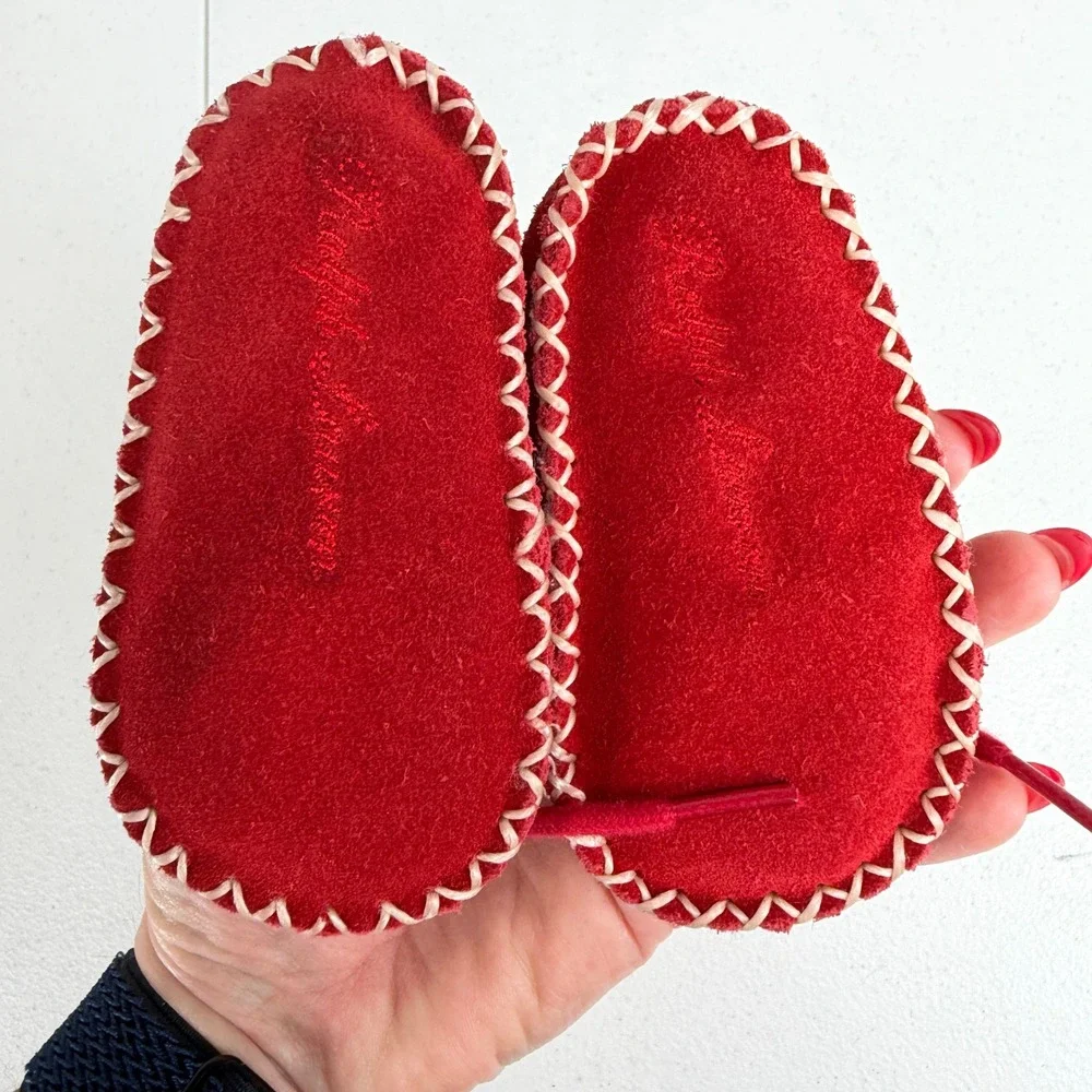 Ralph Lauren Infant Red Suede Shearling Moccasin Booties Pony Logo Soft Sole